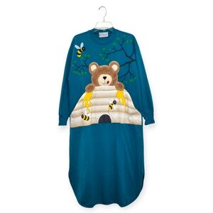 KITTENS Vintage 80s Long Sleeve Night Gown Fuzzy Honey Bear Teal Medium